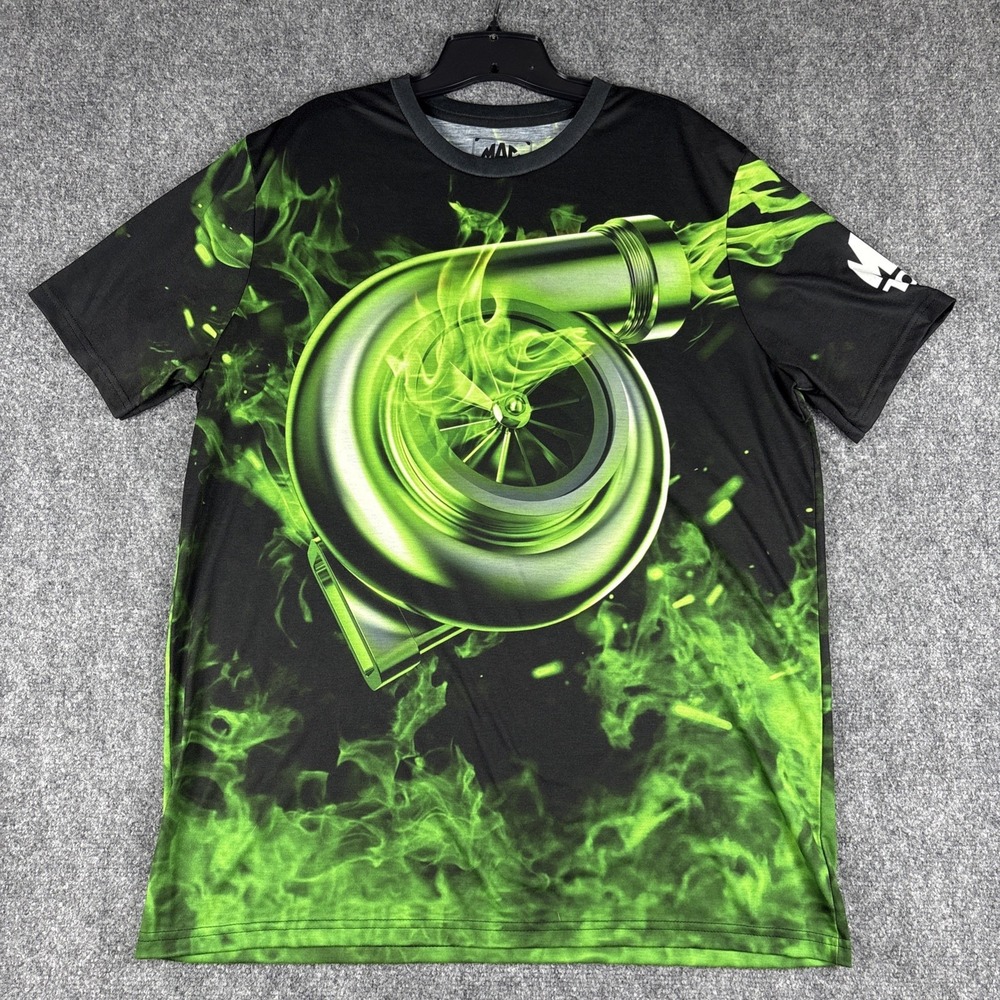 Mac Tools Car Turbo All Over Print AOP Shirt XL Green Flame Polyester Mechanic